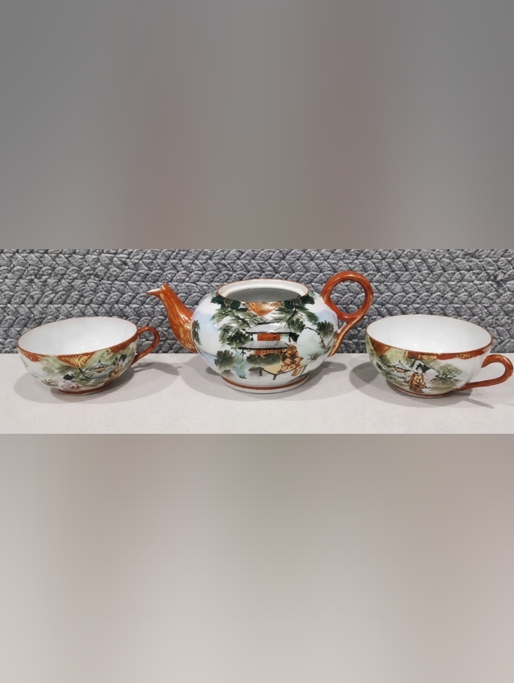 Hand-Painted Oriental Porcelain Teapot in White and Orange